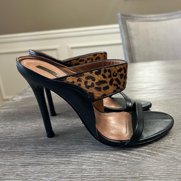 40-Schultz Black Leather and Leopard Stiletto Sandals Size: 8 Med. - Picture 7 of 12